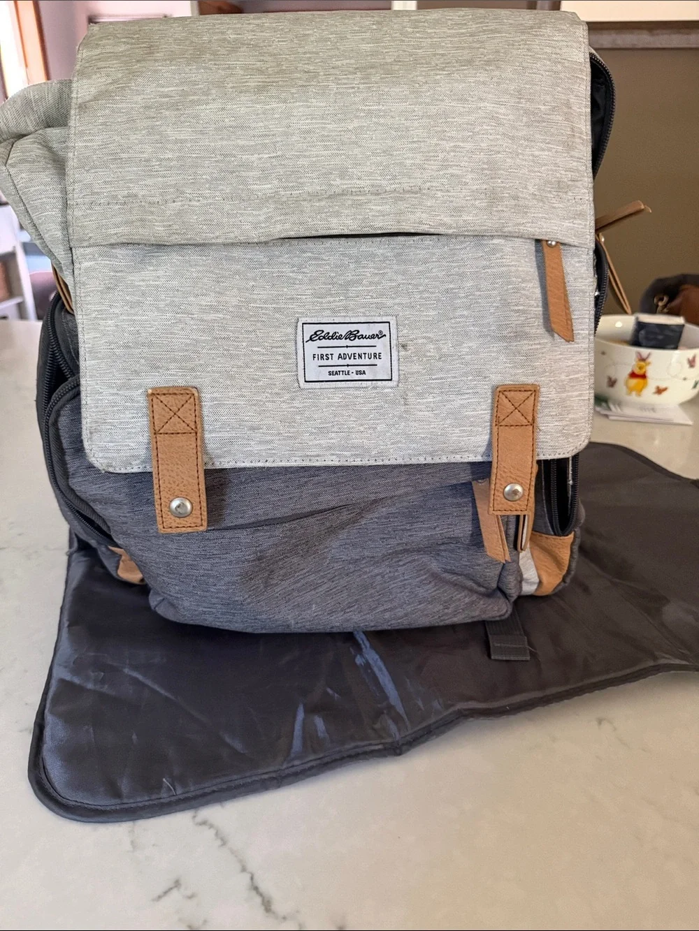 Eddie Bauer Two-Tone Gray Canvas baby Backpack - diaper bag